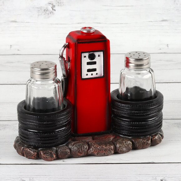 Old Fashioned Gas Station Pump Salt & Pepper Shaker Holder Set - Picture 1 of 5
